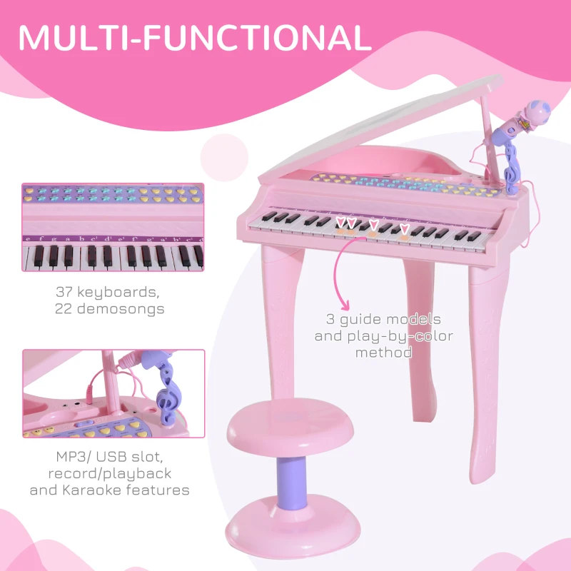 Qaba Mini Electronic Musical Piano 37 Key Keyboard Multifunction Kids Toy with Microphone Stool (Pink)