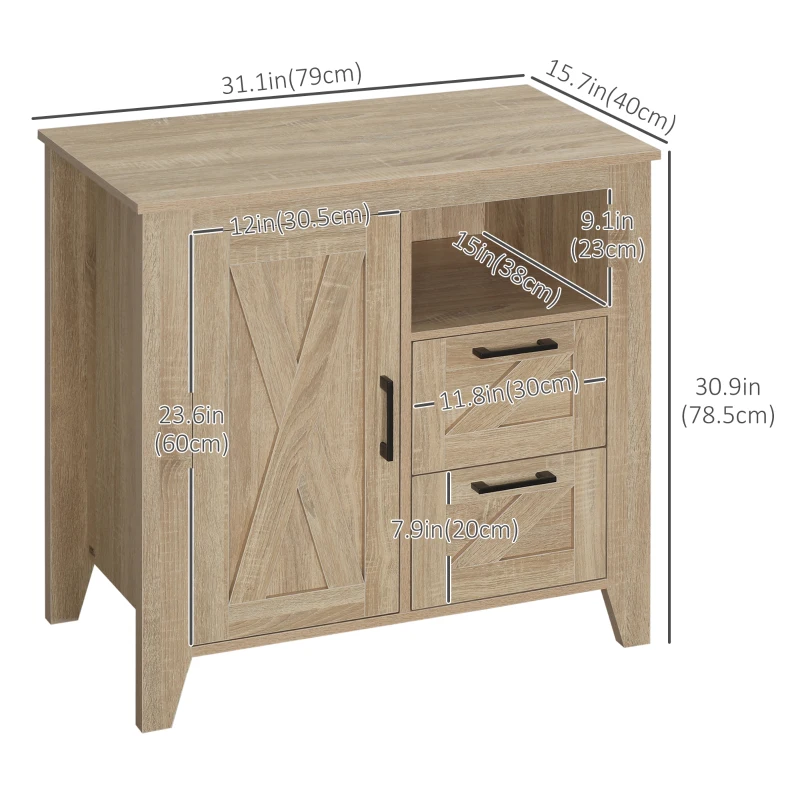 HOMCOM Farmhouse Storage Cabinet, Kitchen Cupboard Buffet Cabinet with Drawers, Door and Adjustable Shelf, Natural