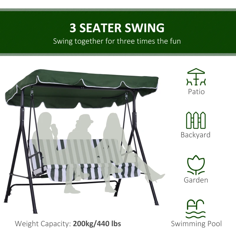 Outsunny 3-Seater Outdoor Porch Swing with Adjustable Canopy, Patio Swing Chair for Garden, Poolside, Backyard, Green