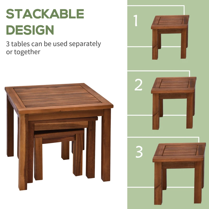 Outsunny 3 Piece Outdoor Side Nesting Table Patio Set with Acacia Wood Build & Multi-Functional Design