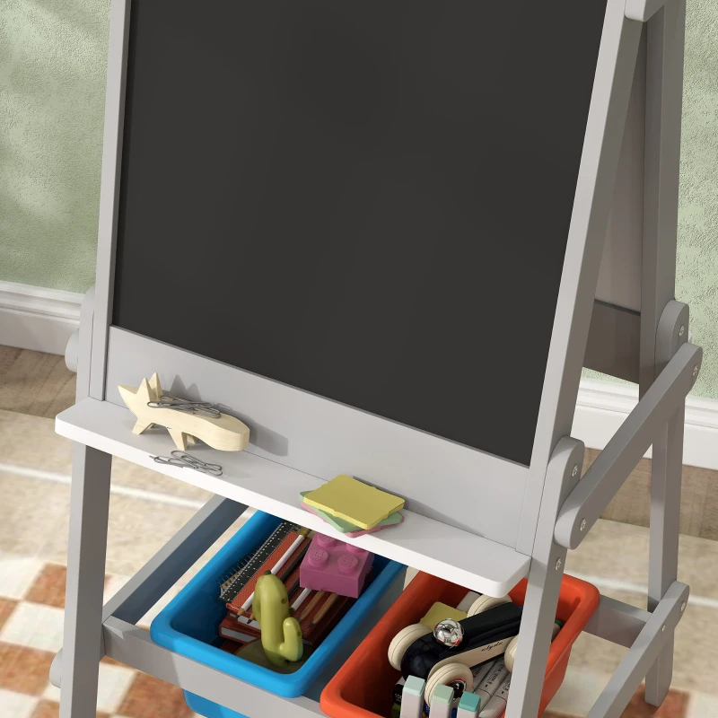 Qaba Easel for Kids, Art Easel w/ Paper Roll, Double Sided Whiteboard & Chalkboard with 2 Storage Boxes