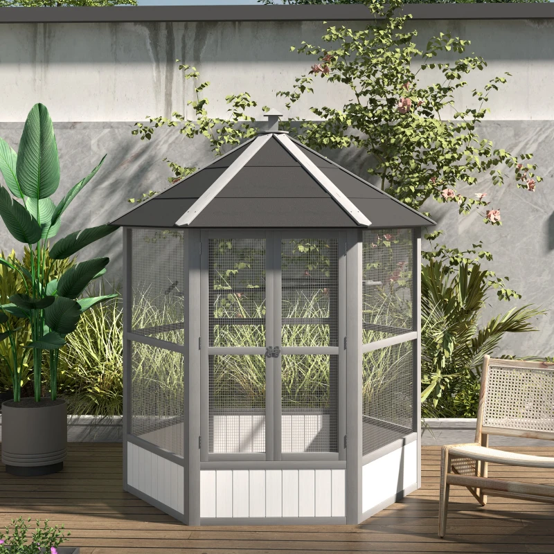 PawHut 69" Wooden Hexagonal Outdoor Aviary Flight Bird Cage With Covered Roof, Light Gray(m-9)
