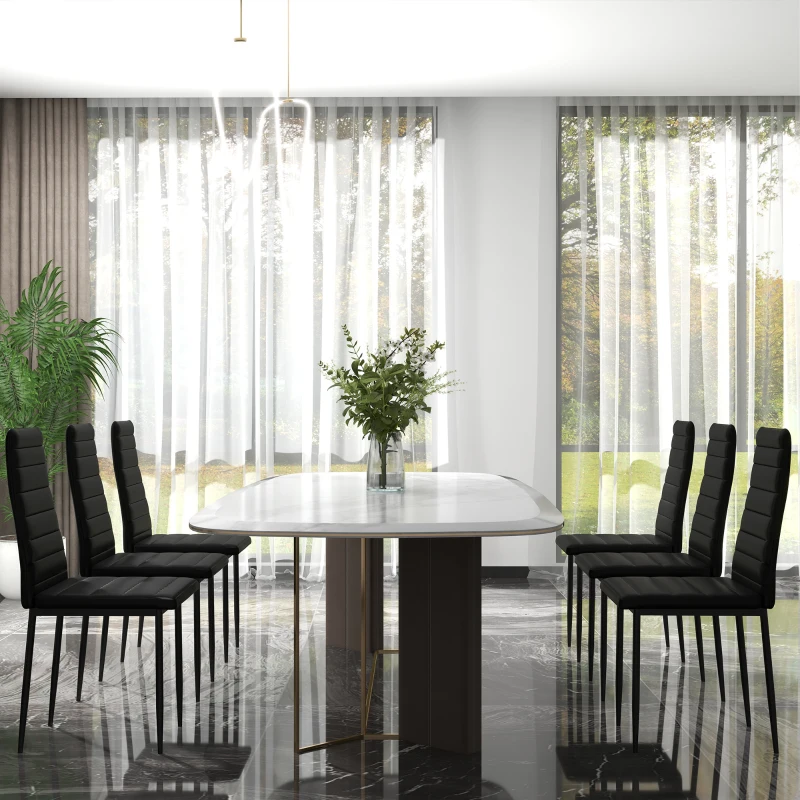 HOMCOM High Back Dining Chairs, Modern Upholstered PU Leather Accent Chairs with Metal Legs for Kitchen, Set of 6, Black