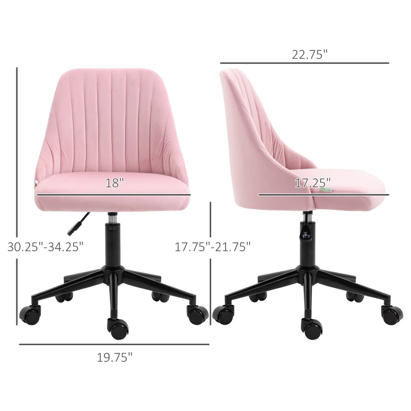 Vinsetto Mid-Back Office Chair, Velvet Fabric Swivel Scallop Shape Computer Desk Chair for Home Office or Bedroom, Pink