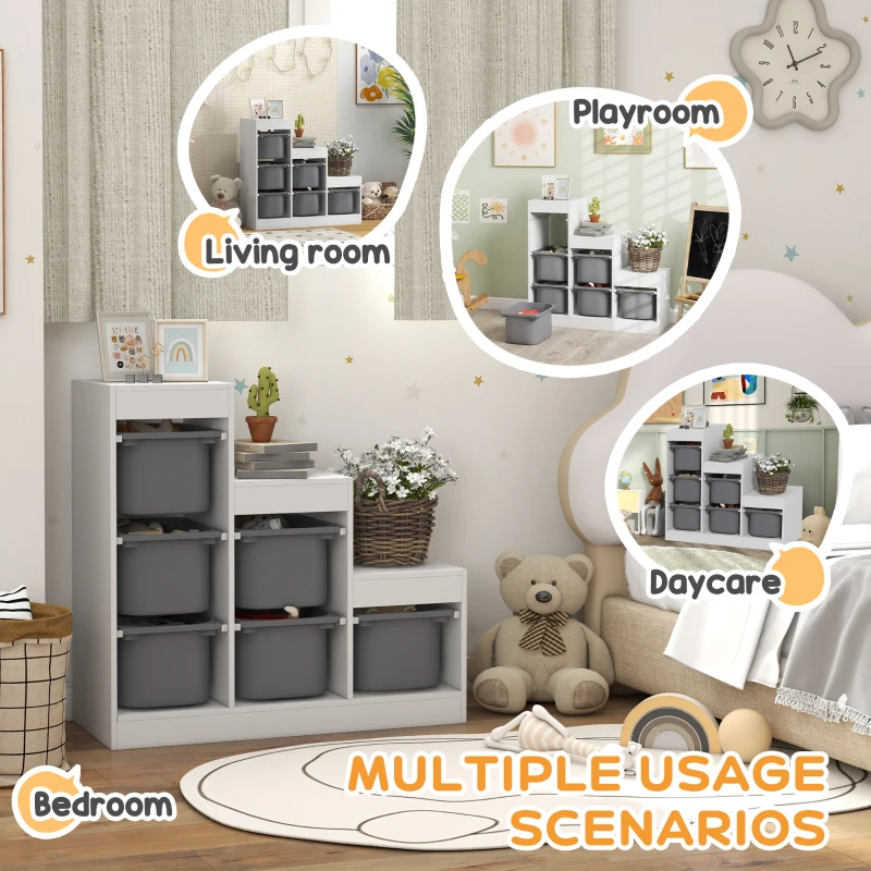 Qaba 3 Layers Toy Storage Organizer Kids Bookshelf Children Toy Storage w/ 6 Plastic Bins, Grey