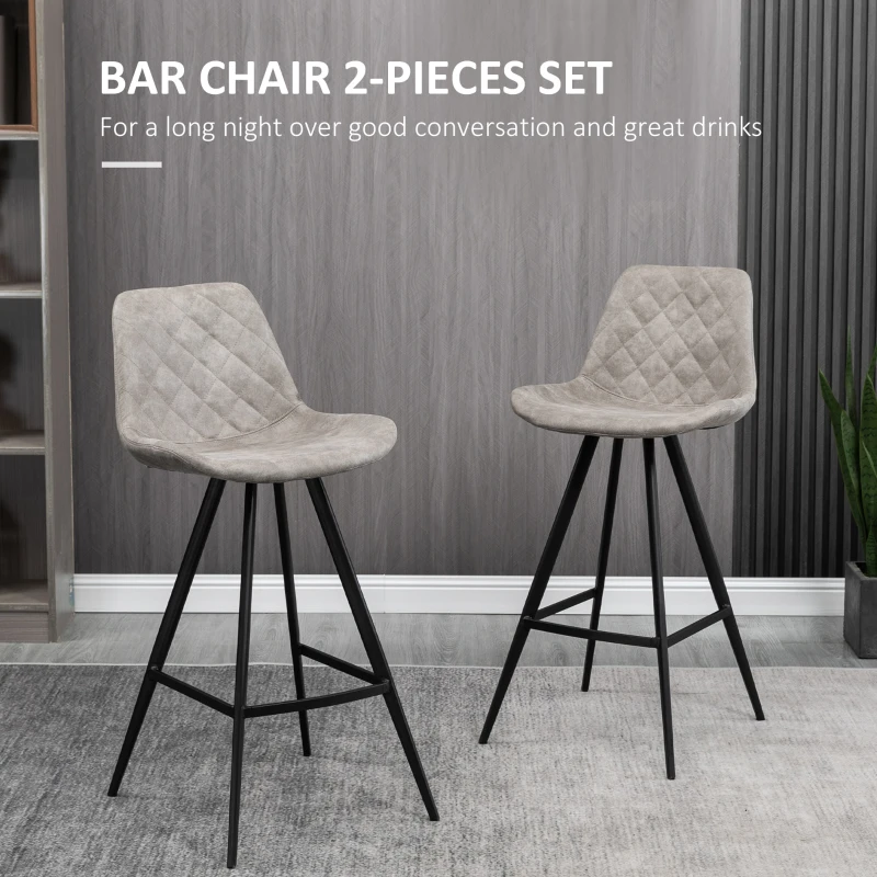 HOMCOM Bar Height Bar Stools Set of 2, Microfiber Cloth Bar Chairs with Metal Leg, Padded Seat, Kitchen Stools for Kitchen Island, Grey