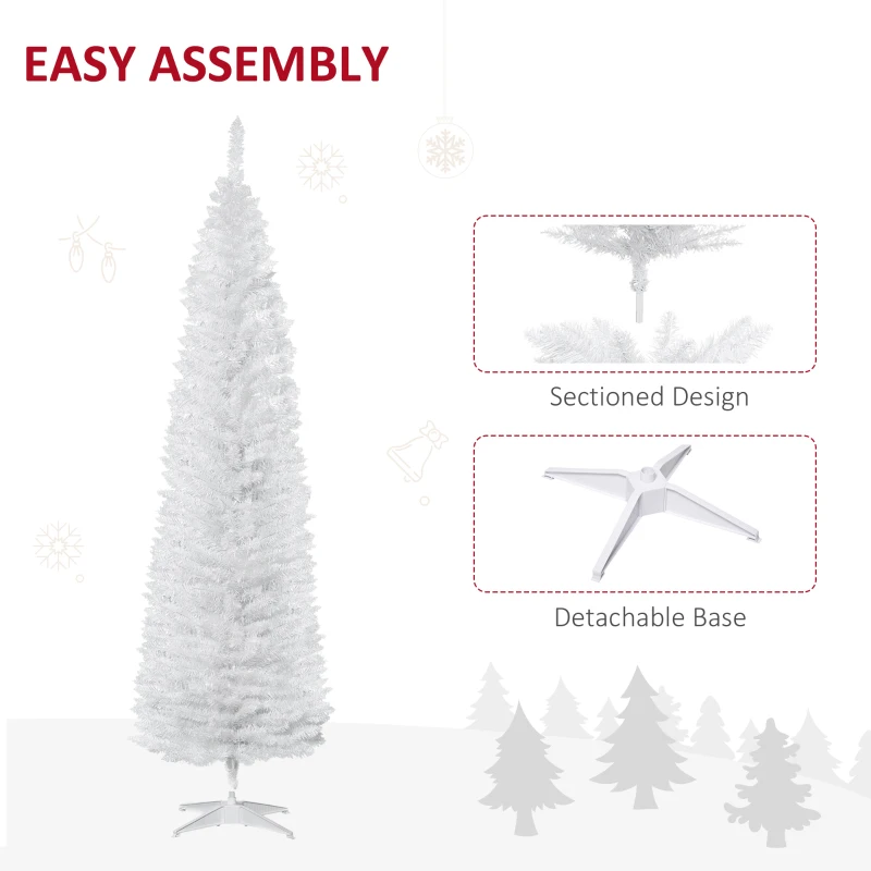 HOMCOM 7' Pencil Christmas Tree, Slim Artificial Xmas Tree with Realistic Branches, Sturdy Metal Stand, White