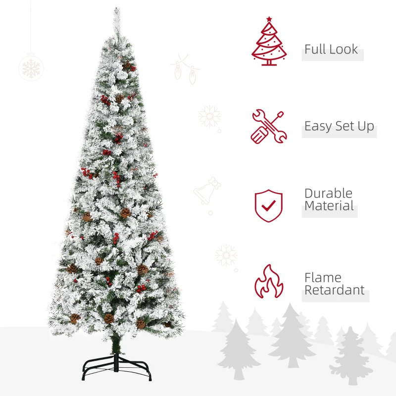 HOMCOM 6' Pencil Snow Flocked Artificial Christmas Tree with 600 Pine Realistic Branches, Pine Cones, Red Berries, Auto Open, Green