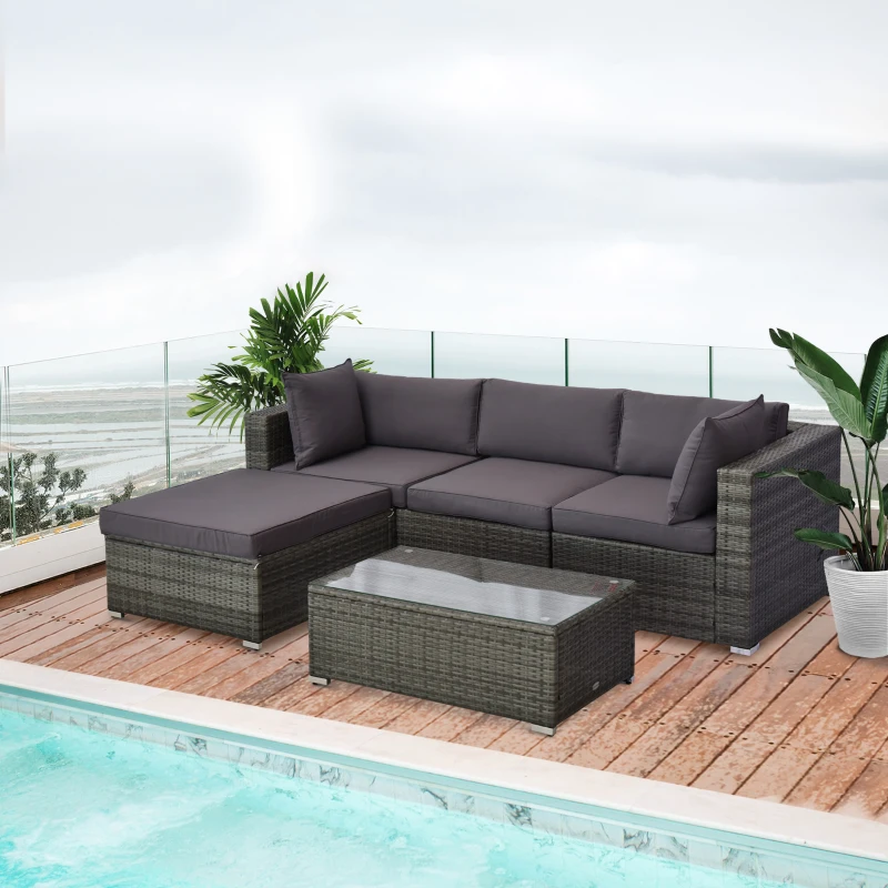 Outsunny 5-Piece Outdoor Sectional Furniture, Patio Sofa Set, PE Wicker Couch, Cushions, Pillows, Ottoman, Table, Charcoal