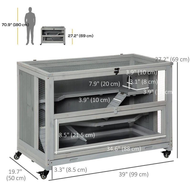 PawHut 3 Tier Wooden Hamster Cage with Wheels for Dwarf Hamster, Light Grey
