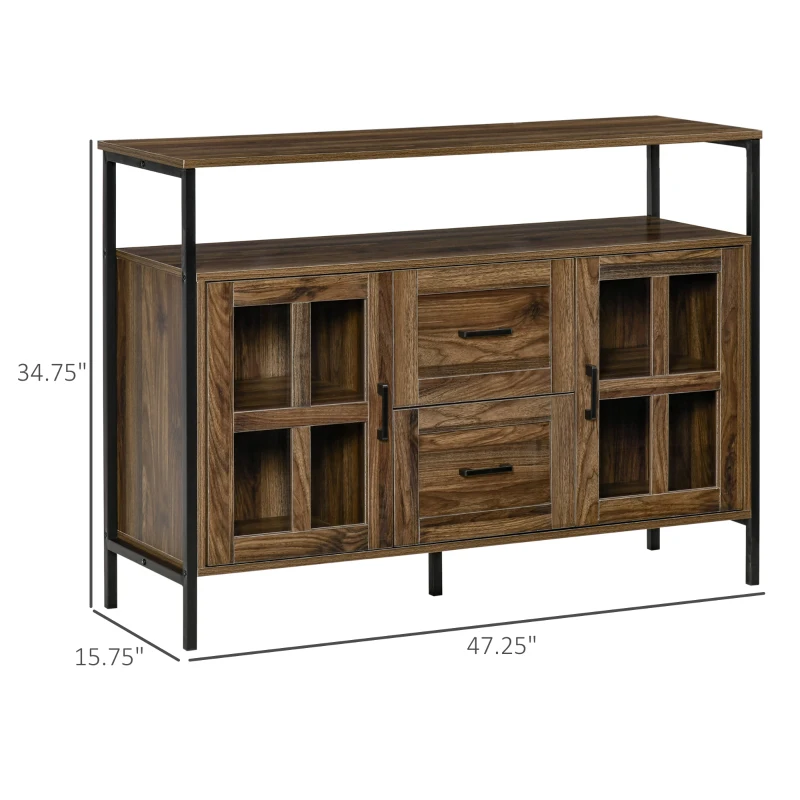 HOMCOM Industrial Sideboard Buffet Cabinet, Coffee Bar Cabinet with Adjustable Shelves, Glass Doors, and 2 Drawers for Kitchen, Living Room, Brown