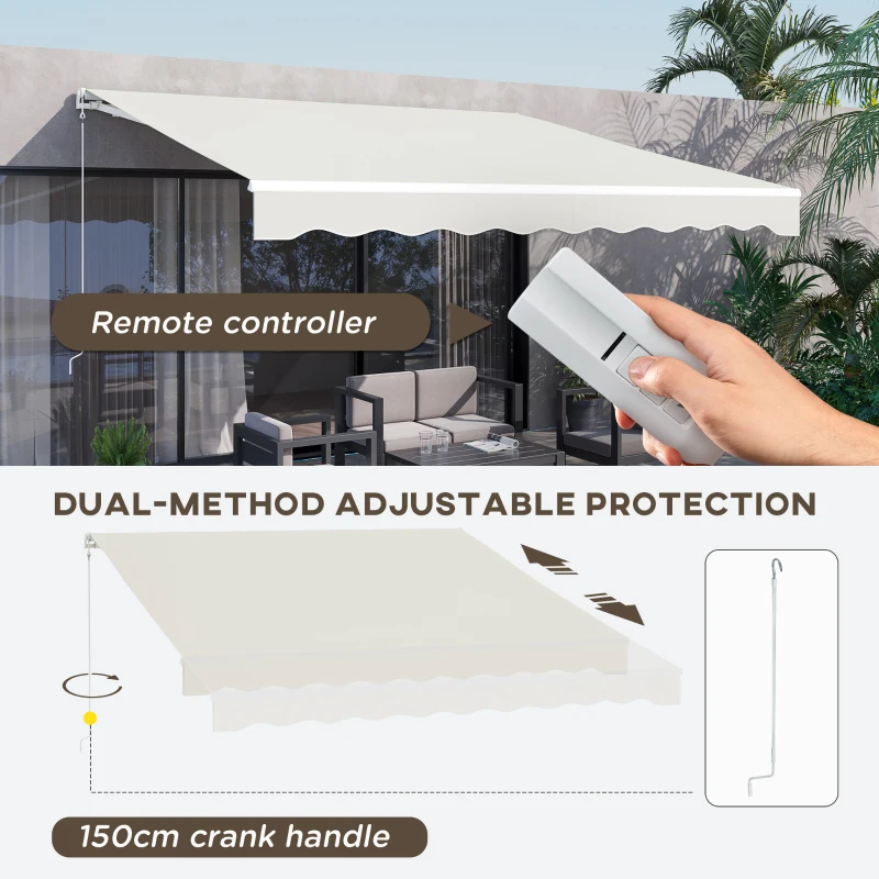 Outsunny 12' x 10' Electric Awning, Retractable Awning, UV Protection Sun Shade Shelter with Remote Controller and Manual Crank Handle for Deck, Balcony, Yard, Cream White(m-4)