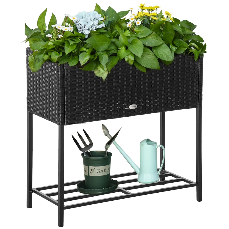 Outsunny Rattan Raised Garden Boxes, Elevated Flower Beds with Storage Shelf for Herbs, Flowers, Vegetables, Black