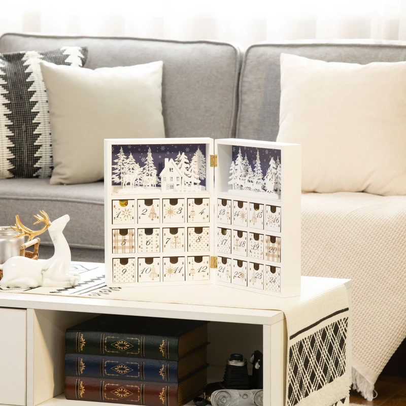 HOMCOM Wooden Christmas Advent Calendar Book, Table Holiday Decoration with 24 Countdown Drawers, for Kids and Adults, White