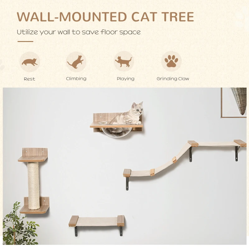PawHut Indoor Cat Activity Tree 4-Piece Set, Mounted Pet Climbing Perches, Kitten Center with Feeding Station, Hammock Stairs, Scratching Post, Jumping Platform, Beige