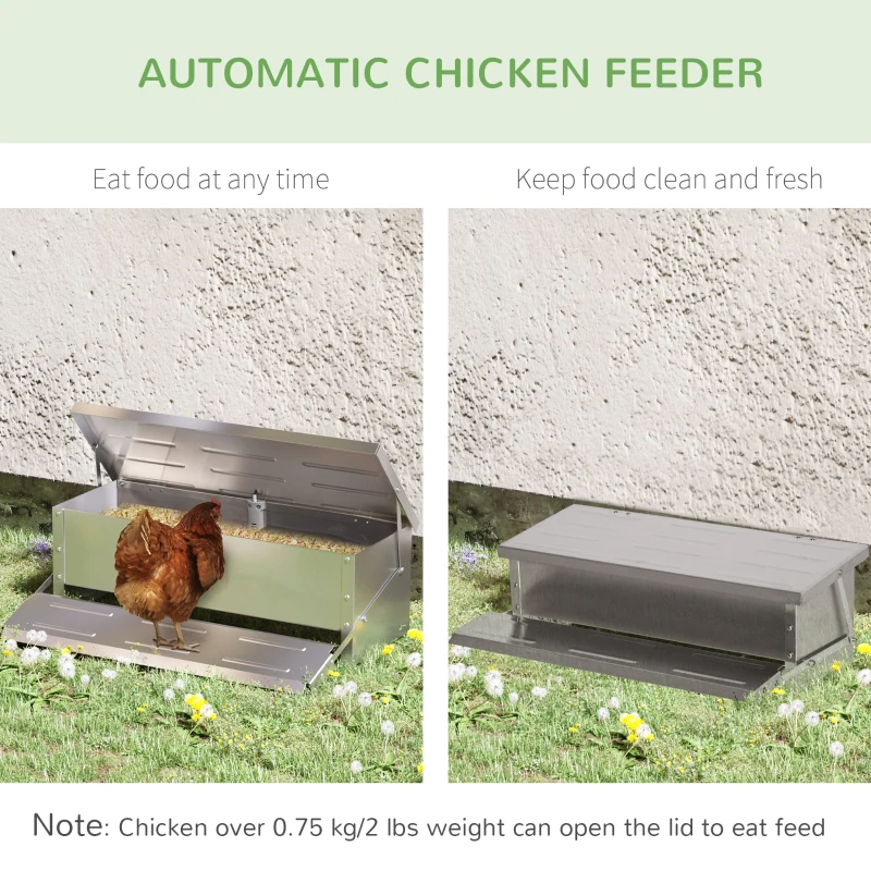 PawHut Automatic Chicken Feeder, 22.5 lbs Capacity Poultry Feeder with Self Opening Treadle, Weather Resistant Lid, for 6 Chickens, Silver