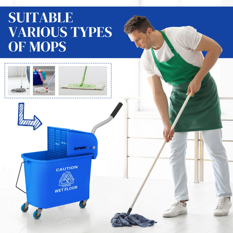 HOMCOM Compact Mop Bucket with Wringer, Mop Bucket on Wheels for Floor Cleaning, 5 Gallon, Separate Dirty and Clean Water, Blue