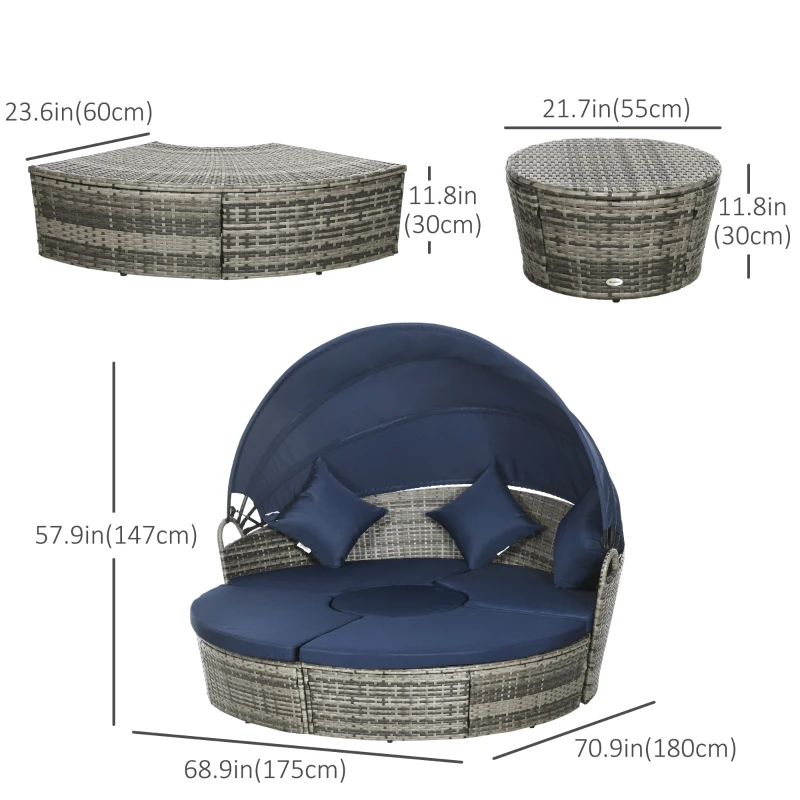 Outsunny 4 Pieces Outdoor Daybed with Retractable Canopy, PE Rattan Wicker Round Sofa Day Bed, Patio Sectional  Conversation Furniture Set with Cushions and Pillows, Dark Blue