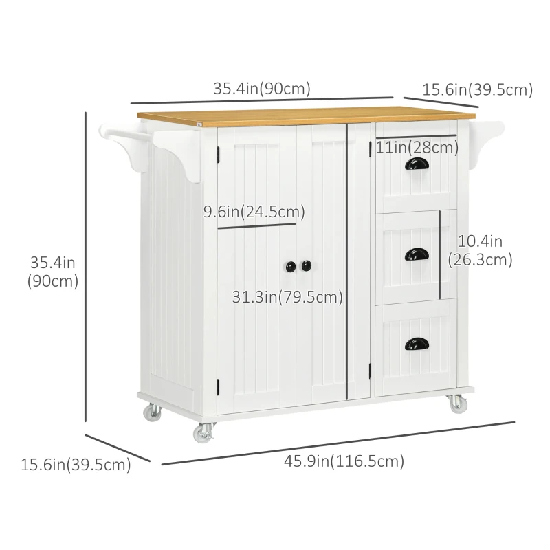 HOMCOM Modern Rolling Kitchen Island Cart with 3 Drawers Towel Rack Double Door Storage Cabinet White