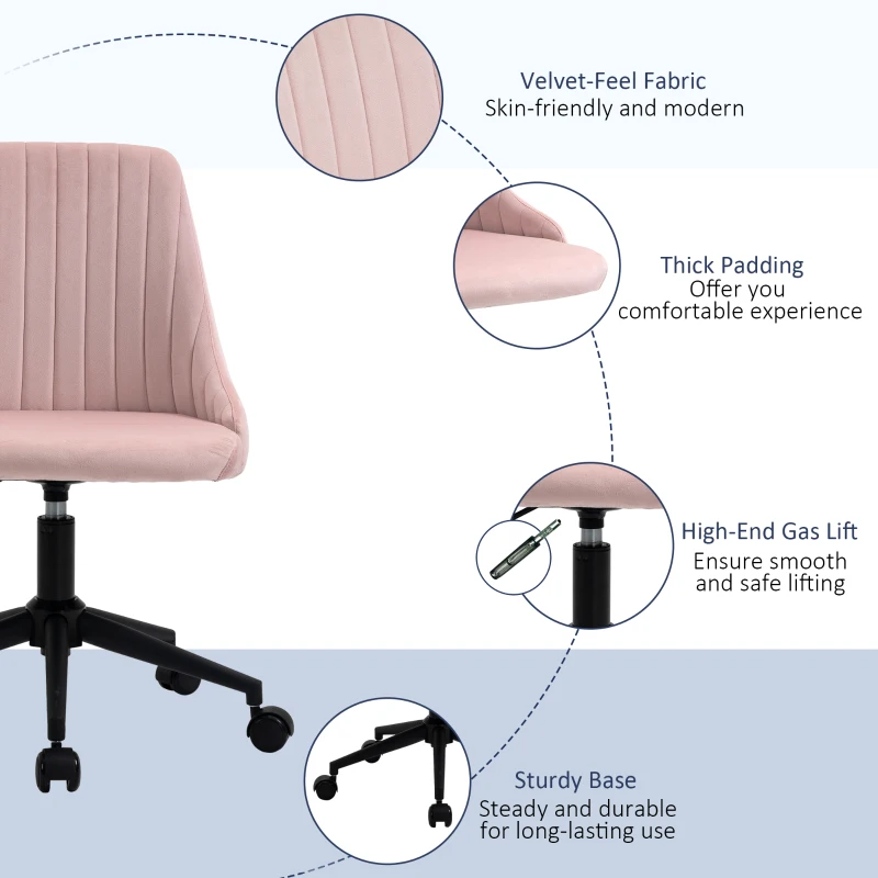 Vinsetto Mid-Back Office Chair, Velvet Fabric Swivel Scallop Shape Computer Desk Chair for Home Office or Bedroom, Pink