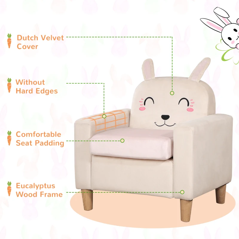 Qaba Kids Sofa, Toddler Armchair and Couch with Rabbit Ear Backrest and Wooden Legs for  Preschool, Bedroom, Kindergarten, Cream
