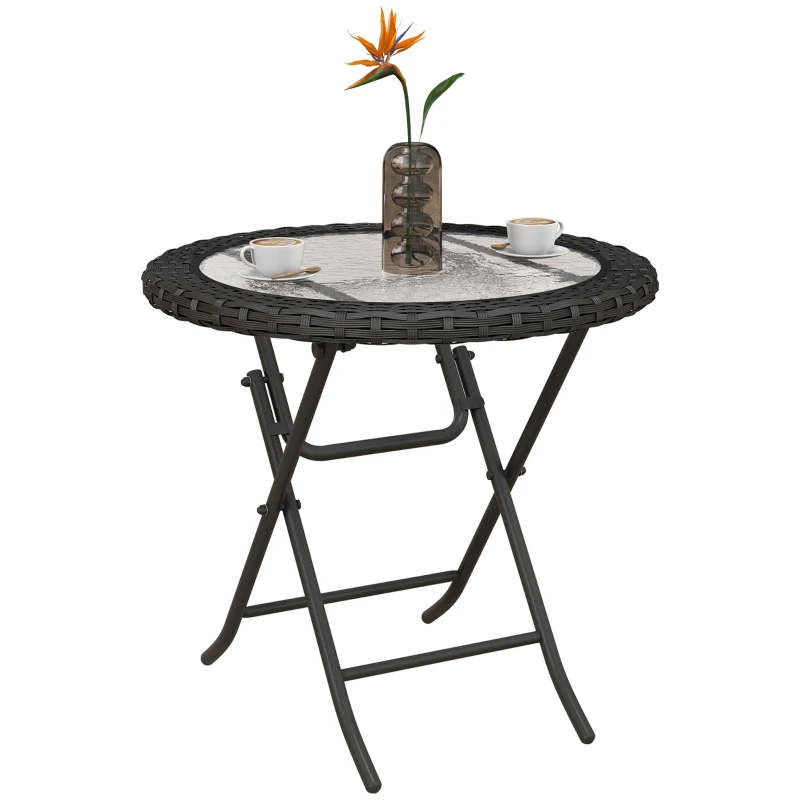 Outsunny Folding Round Tempered Glass Metal Table with Edging, Black