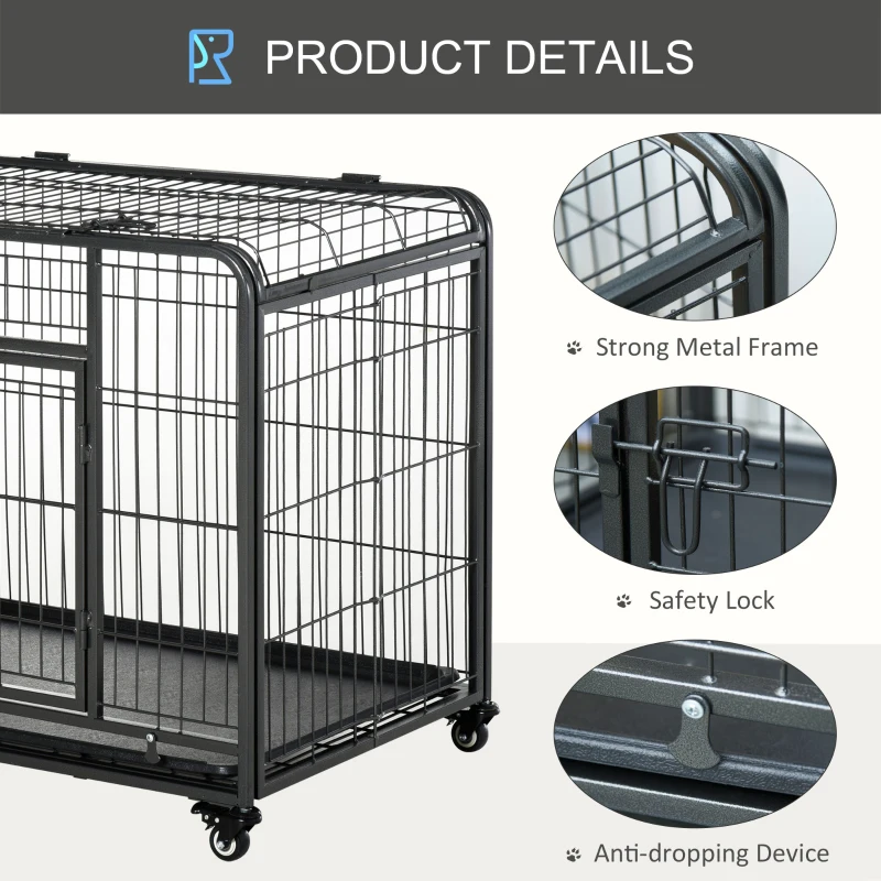 PawHut Folding Heavy Duty Dog Crate Heavy Duty Cage for Medium Sized Dogs with Double Doors, Lockable Wheels Tray, 37" x 23" x 27"