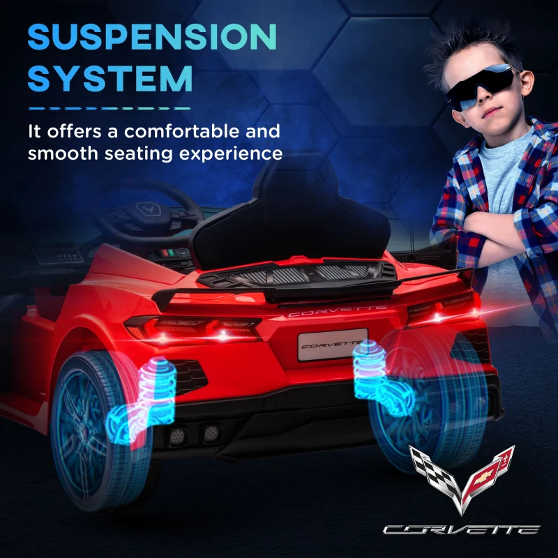 Qaba 12V Kids Electric Car Corvette Licensed w/ Remote Control, Suspension System, Music, Headlight, Slow Start, Red