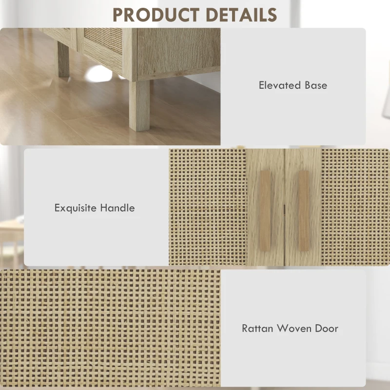 HOMCOM Boho Sideboard Buffet Cabinet with 3 Rattan Doors, Kitchen Cabinet with Adjustable Shelves, Natural