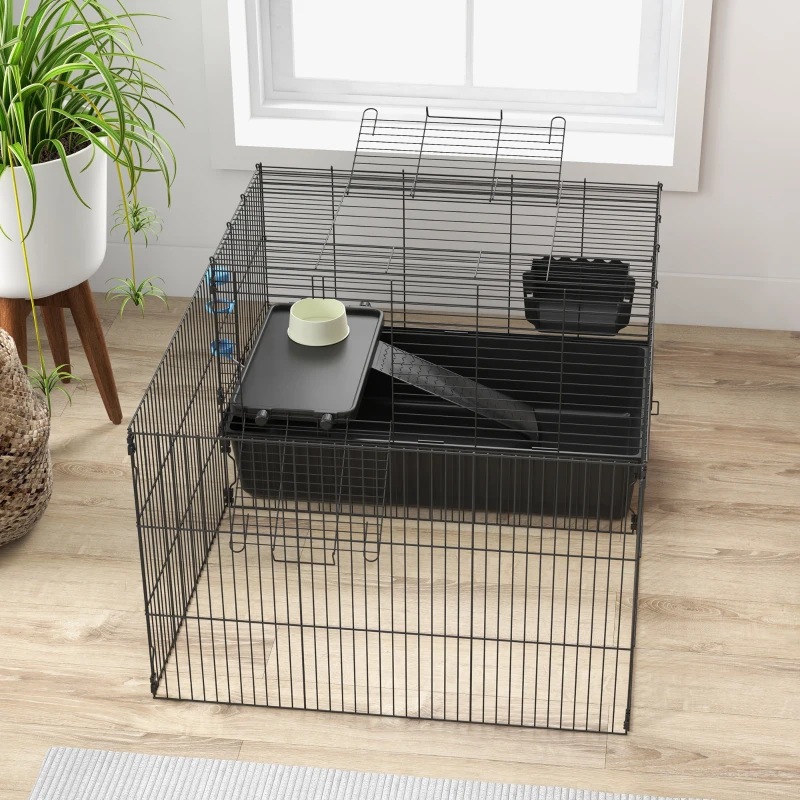 PawHut 33" Small Animal Cage with Playpen, Bunny Hutch Indoor for Guinea Pigs Hedgehogs with Accessories, Water Bottle, Food Dish, Feeding Trough
