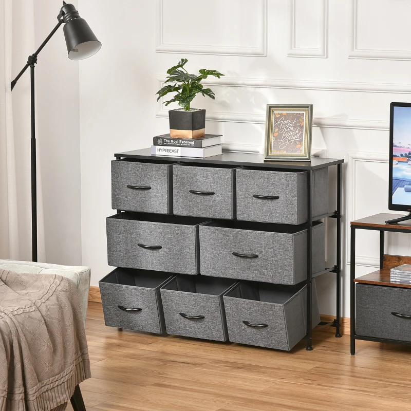 HOMCOM 8-Drawer Dresser, 3-Tier Fabric Chest of Drawers, Storage Tower Organizer Unit with Steel Frame for Bedroom, Hallway, Dark Gray