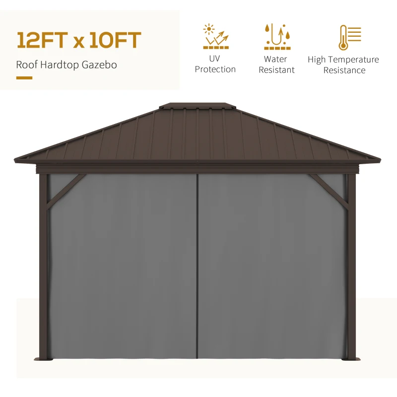 Outsunny 10' x 12' Hardtop Gazebo with Curtains and Netting, Permanent Pavilion Metal Single Roof Gazebo Canopy with Aluminum Frame and Hooks, for Garden, Patio, Backyard, Gray