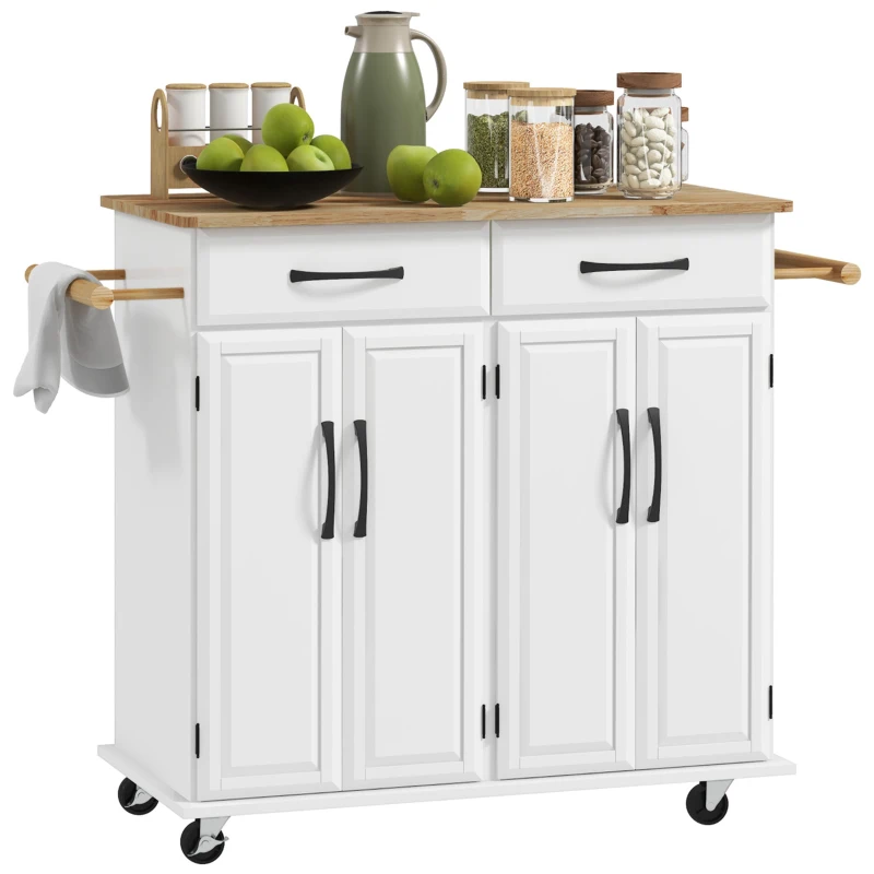 HOMCOM Kitchen Island on Wheels with Rubberwood Top, Rolling Kitchen Cart with 2 Drawers, 4 Doors and Adjustable Shelves