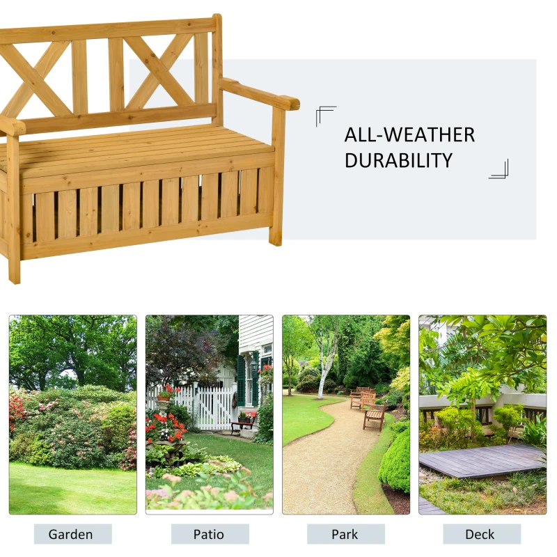 Outsunny Wooden Outdoor Storage Bench 2-Person Patio Bench with Louvered Side Panels and X-Shape Back for Garden, Patio, Yellow