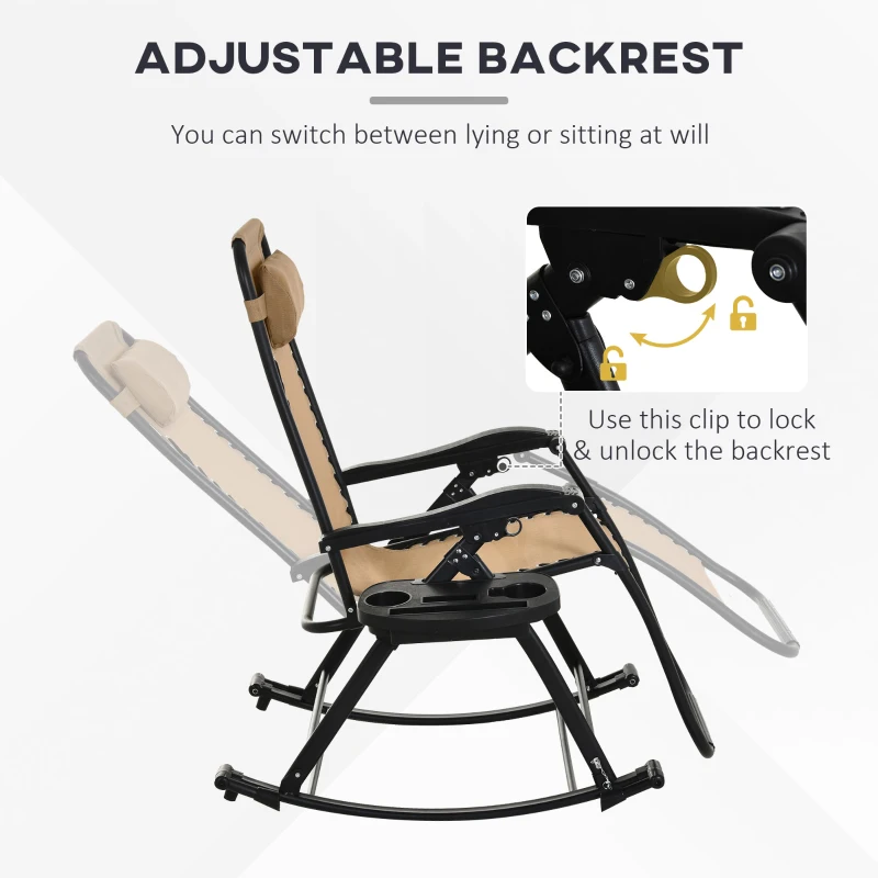 Outsunny 2 in 1 Adjustable Zero Gravity Reclining Lounge Chair Garden Recliner and Rocker Foldable Sun Lounger Napping Seat w/ Headrest & Tray Beige