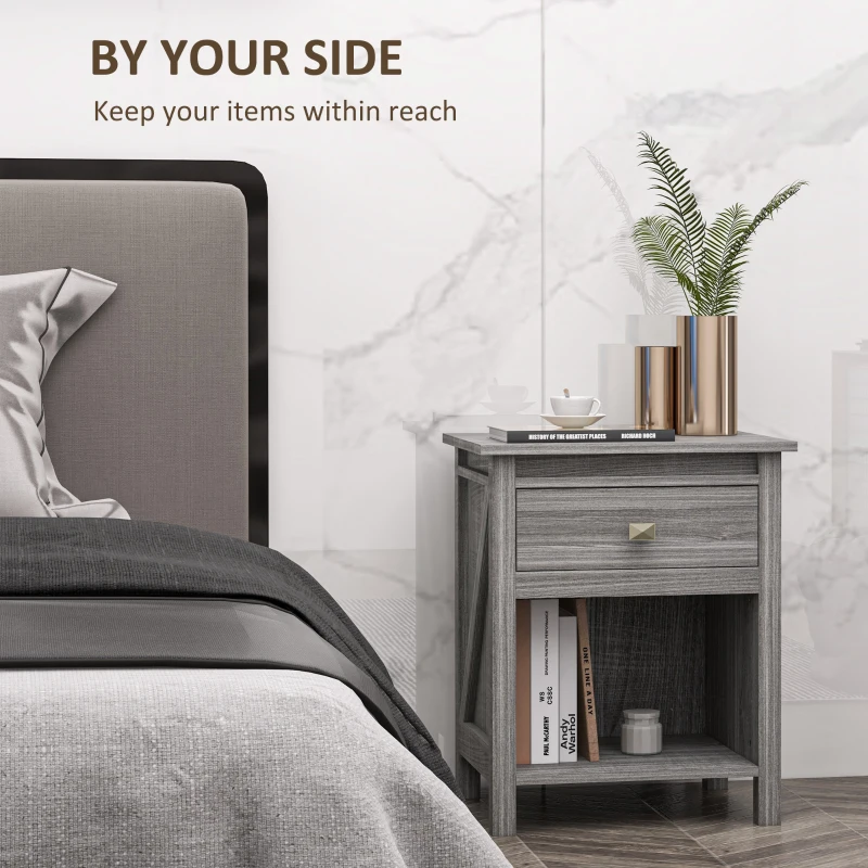 HOMCOM Bedside Table, Farmhouse Nightstand with with Drawer and Storage Shelf, Night Table for Bedroom, Grey