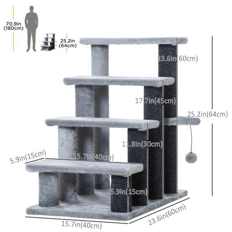 PawHut Cat Stairs for Bed, Couch 4 Steps, Small Cat Tree for Indoor Cats with Scratching Posts Toy Ball, 23.5" x 16" x 25"