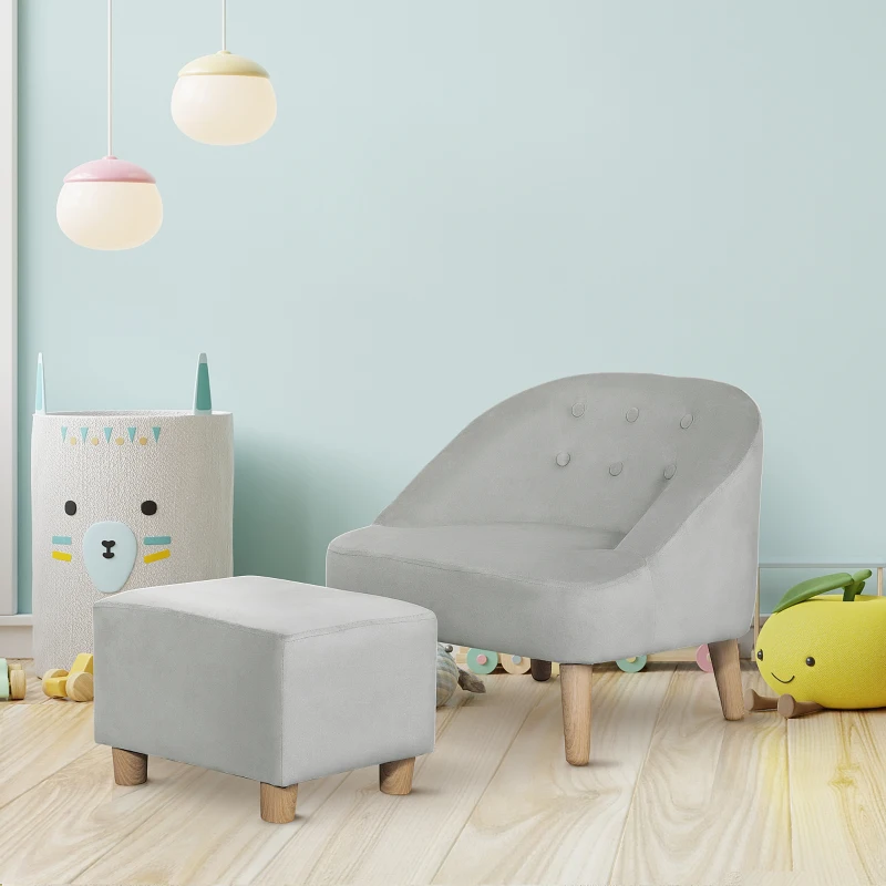 Qaba Kids Sofa Set, Toddler Chair, Sofa & Ottoman for Bedroom, Playroom, Kids Couch for Boys and Girls, Grey