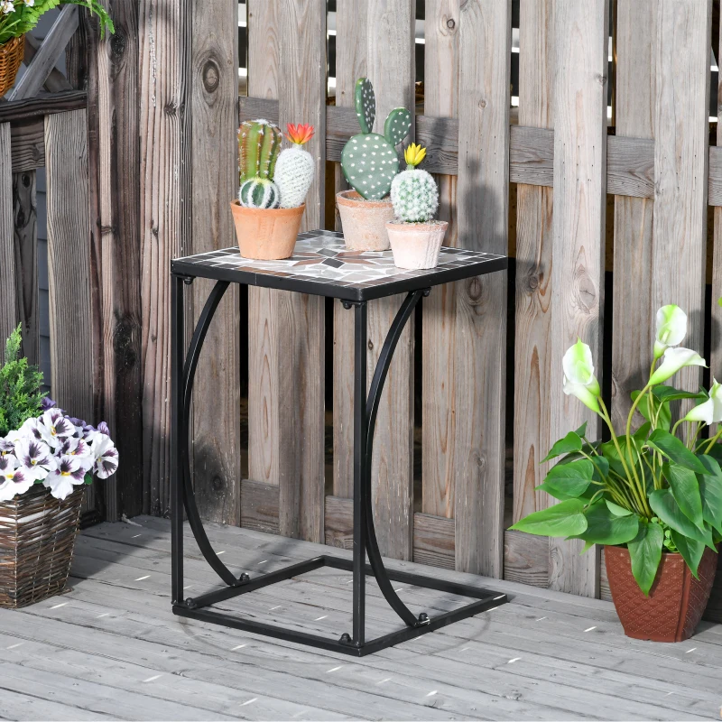 Outsunny Outdoor Mosaic Side Accent Table Indoor Coffee End Table C Shape Frame Patio Plant Stand for Garden Pool