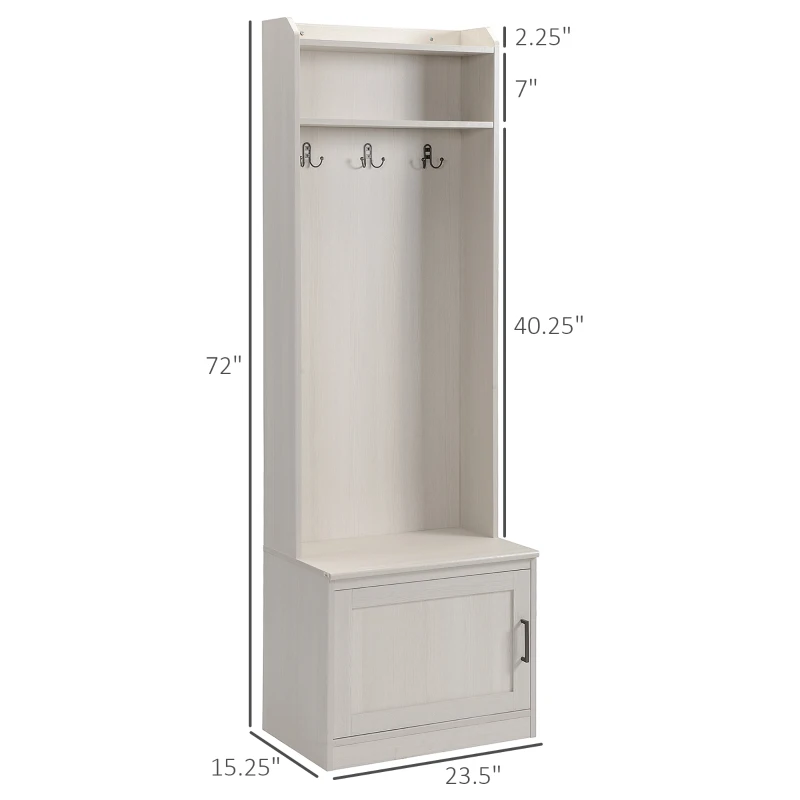 HOMCOM Narrow Hall Tree with Shoe Storage Bench, Rustic Entryway Bench with Coat Rack, Accent Coat Tree with Storage Shelves for Hallway, Mudroom, White Wood Grain