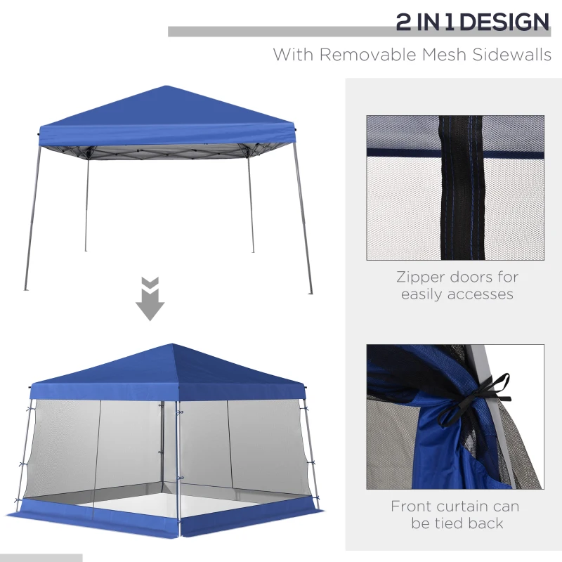 Outsunny Slant Leg Pop Up Canopy Tent with Netting and Carry Bag, Instant Sun Shelter, Tents for Parties, Height Adjustable, for Outdoor, Garden, Patio, (11.5'x11.5' Base / 10'x10' Top), Blue