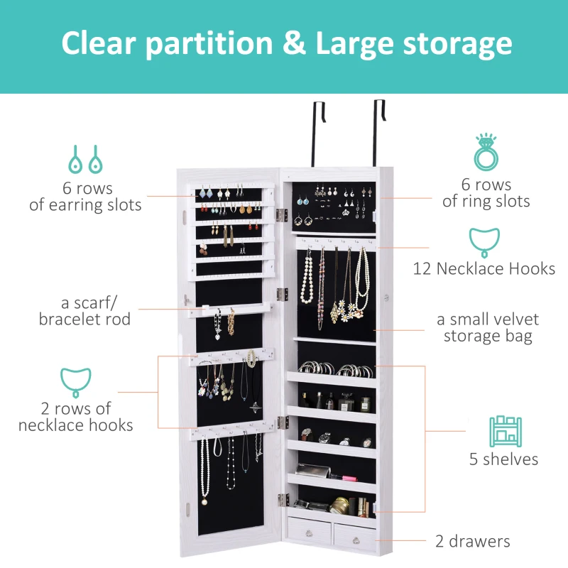 HOMCOM Mirror Jewellery Cabinet Armoire with LED Lights and 2 Keys, Wall Door Mounted Jewellery Organizer, Lockable Full-length Mirror, Wood Grain Grey