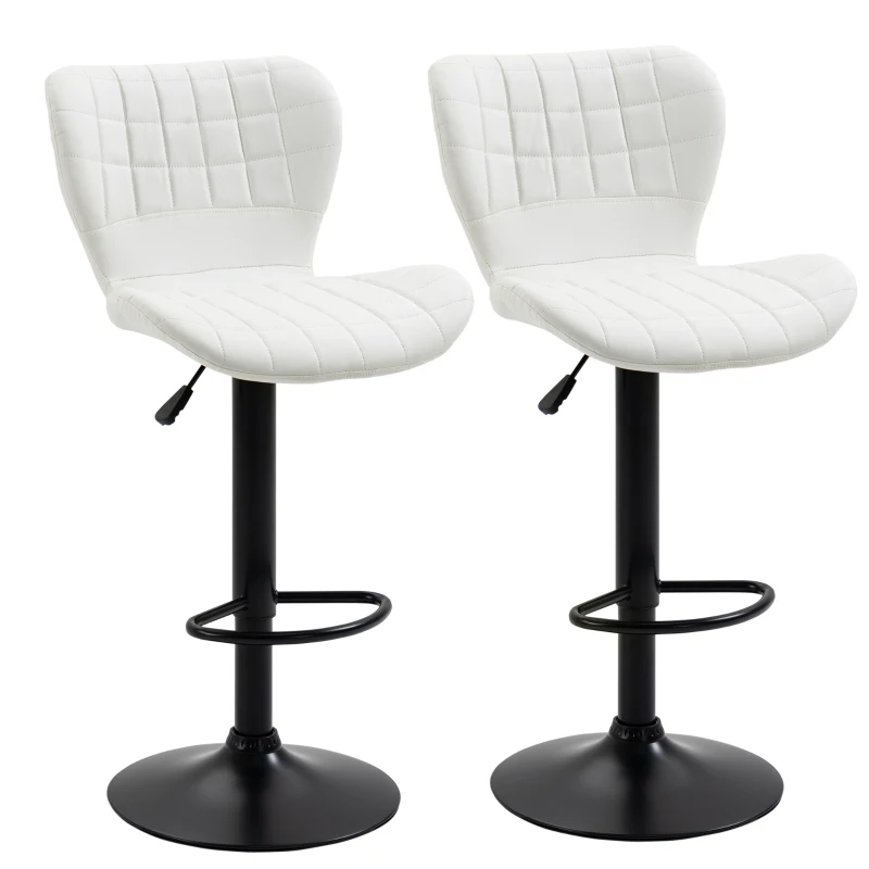 HOMCOM Bar Stools Set of 2 Adjustable Height Swivel Bar Chairs in PU Leather with Backrest & Footrest, White