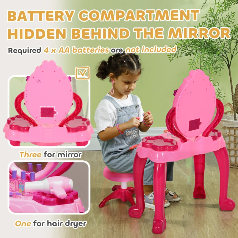Qaba Kids Vanity Set with Mirror and Stool, Light and Sound, 15 Accessories, Pink