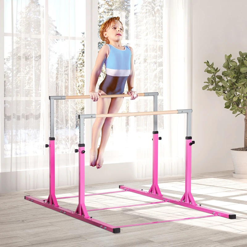 Qaba Double Horizontal Bars, Junior Gymnastic Training Parallel Bars with Double-locking System 13-level 36"-59" Adjustable Heights, 6-level Adjustable Width for Indoor Outdoor, Pink