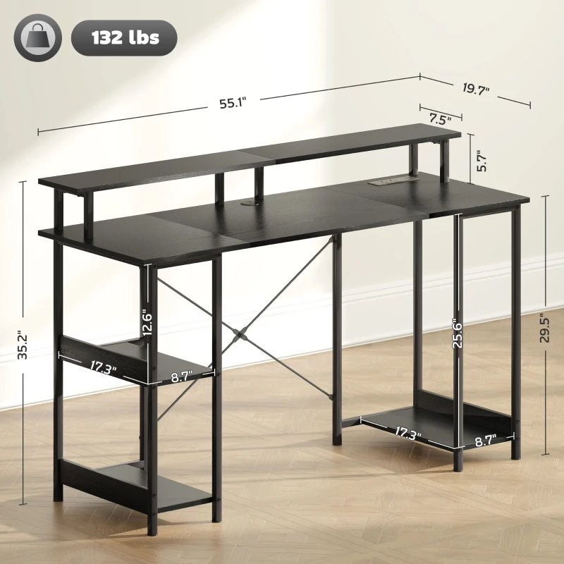 HOMCOM Computer Desk with Storage, 55" Reversible Computer Table with Power Outlets and LED Lights, Distressed Black