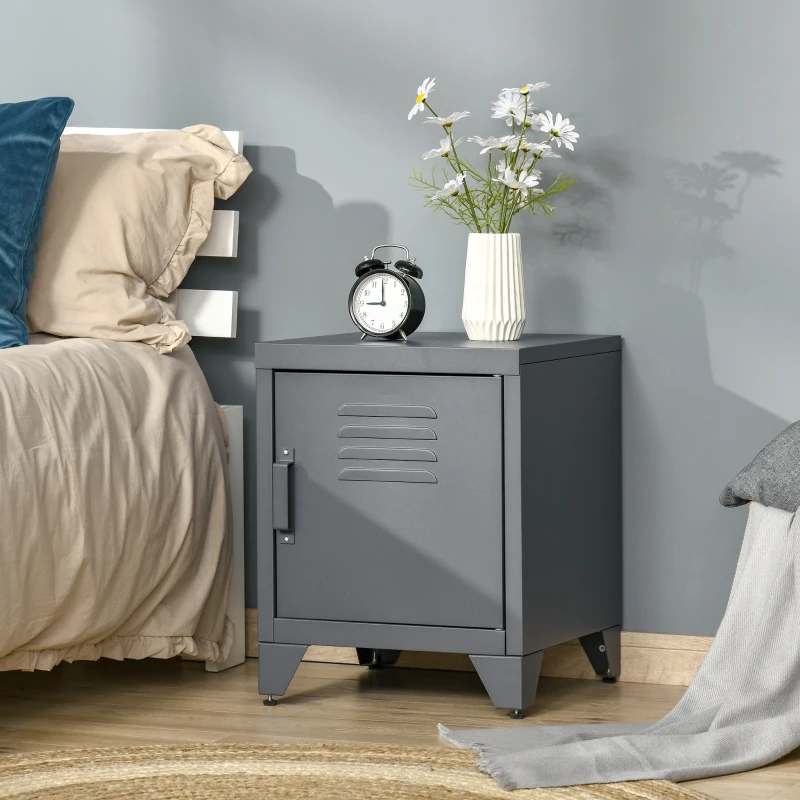 HOMCOM Industrial End Table, Living Room Side Table with Locker-Style Door and Adjustable Shelf, Grey