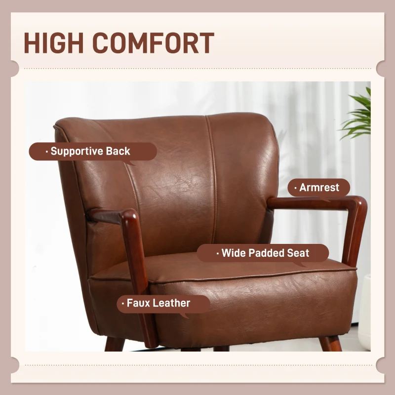 HOMCOM Accent Chair, Modern Armchair, Faux Leather Upholstered Living Room Chair with Wood Legs and Wide Padded Seat, Brown