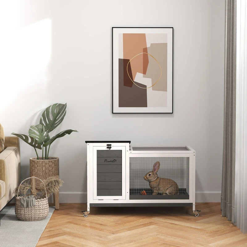 PawHut Wooden Rabbit Hutch with Pull-Out Tray, Asphalt Openable Roof, Small Animal Cage on Wheels with Run, Grey