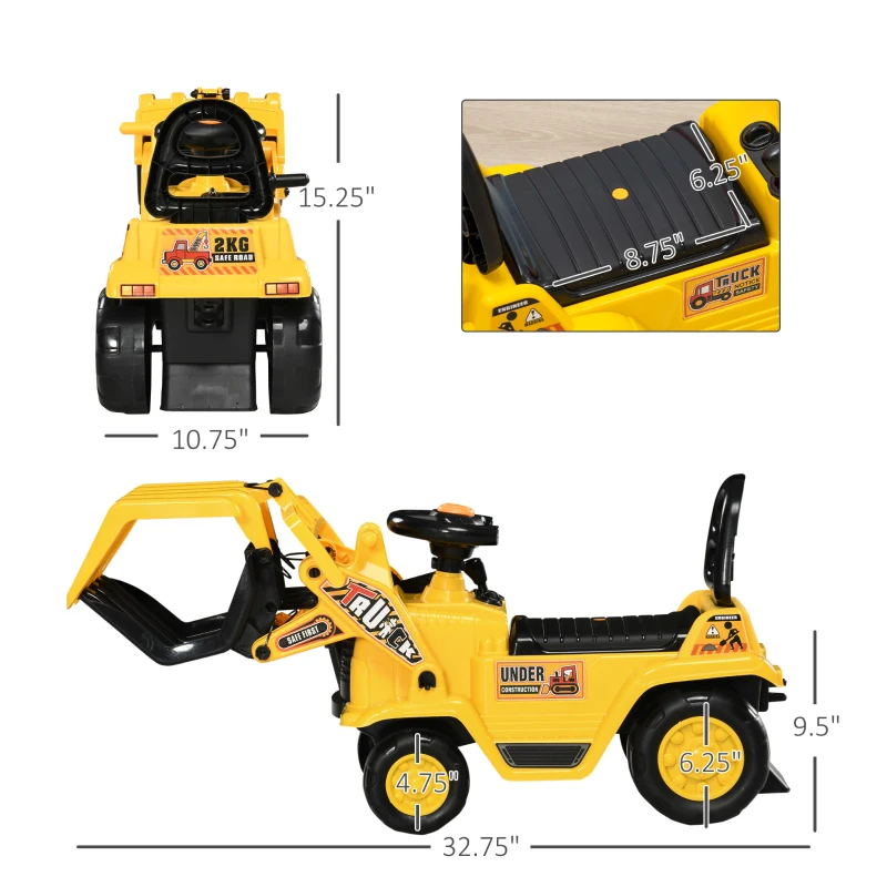 Aosom Kids Ride on Excavator Pulling Cart with Sound Effects, No Power Digger Scooter Ride-on Toy Construction Vehicle for Toddler or Preschool Age with Under-Seat Storage, Treaded Wheels